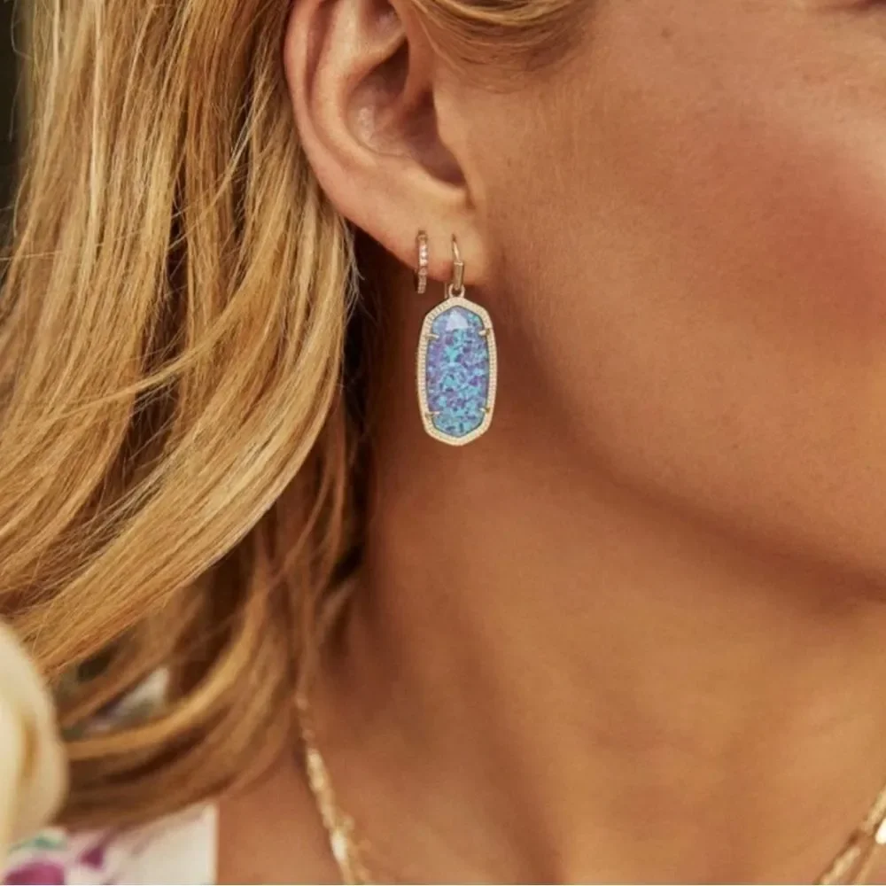 Kendra Scott Dani Gold Earrings in Aqua Kyocera Opal - Picture 3 of 8